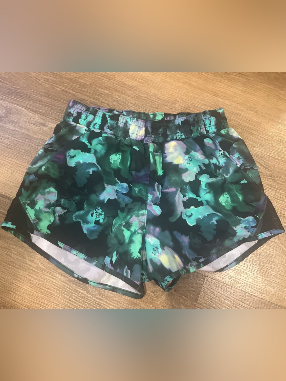 all in motion Black Floral-Print Athletic Shorts with Purple and Teal Accents